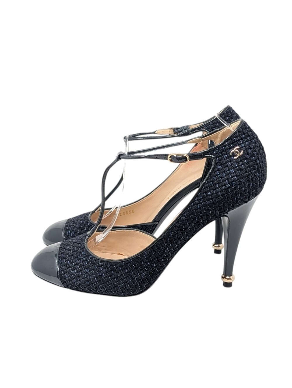 Chanel Navy Blue Interlocking CC Cap-Toe Tweed T- Strap Mary Jane Pumps EU 41
